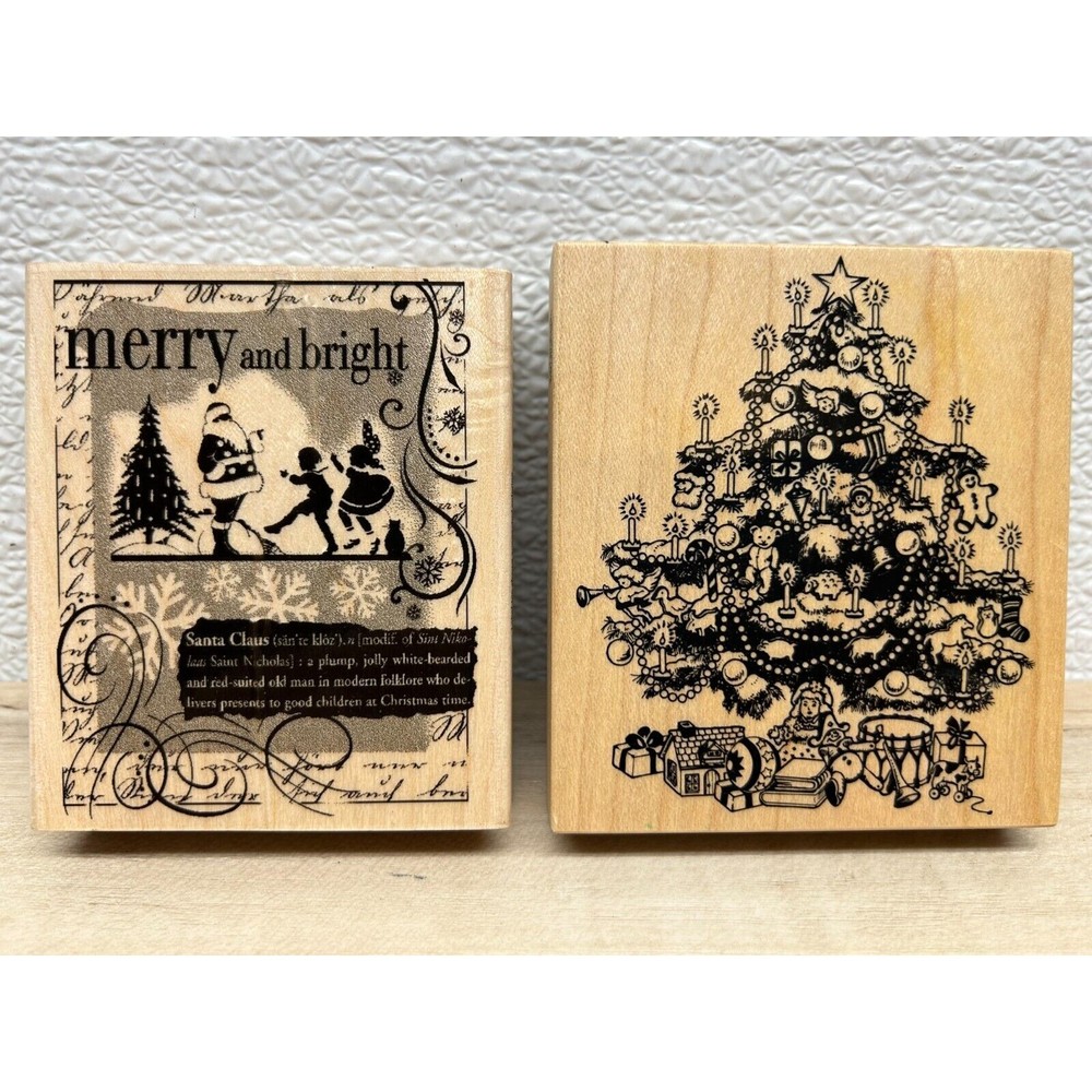 Vintage Set Of 2 Christmas Wood Mounted Rubber Stamps PSX And Hero Arts